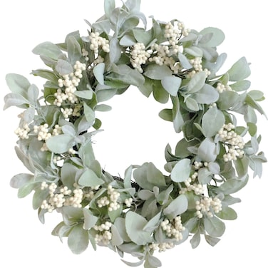 Bibelot 18 Inch Lambs Ear Wreath Spring and Everyday Lambs Leaves White Berries Wreath for Front Door, Everyday Grapevine Greenery Wreath for Indoor and Outdoor, Spring Berries Leaves Wreath &hellip;