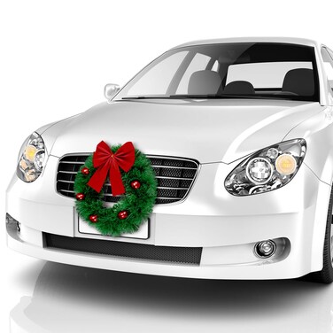 Christmas Car Wreath Large Artificial Car Wreath Outdoor Christmas Craft Wreath Plastic Pine Christmas Wreath with Red Balls Bow Black Cable Ties and White Suction Cups for Car Decor