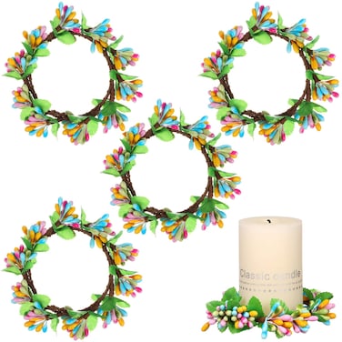 Cabilock 4pcs Easter Candle Rings Wreaths Farmhouse Candle Wreaths Mini Berry Twig Wreath Spring Wreath Blossom Garland for Table Centerpiece Front Door Decor