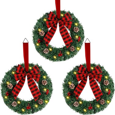 ATDAWN 3 Pack Mini Christmas Wreath, Lighted Christmas Front Door Wreath, Xmas Wreath for Holiday Christmas Party Decorations (Plaid Bow)