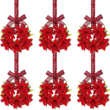 Lyrow 6 Pcs Christmas Wreaths for Kitchen Cabinets Mini Christmas Wreaths with Plaid Bow Ribbon Artificial Poinsettias Hanging Wreaths Small Christmas Wreaths for Windows Front Door Farmhouse