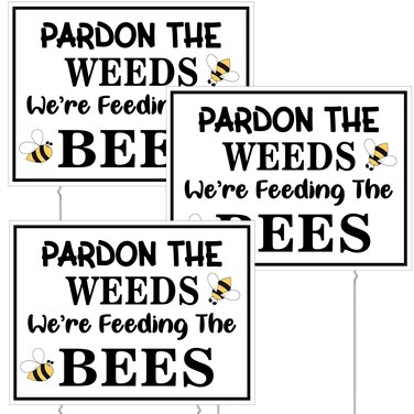 Therwen 3 Pcs Pardon Weeds Feeding Bees Yard Road Sign 12 x 15.8 Inch Double Sided Pardon the Weeds We Are Feeding the Bees Yard Sign Pollinator Garden Sign Save Bees Lawn Signs with Stakes for Decor