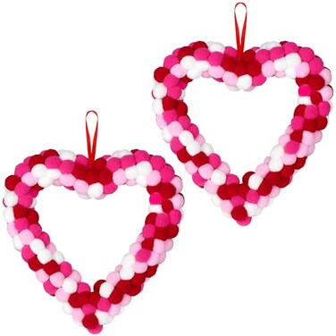ANVAVO 2 Pieces Valentine's Day Heart Felt Pom Pom Wreath 13 Inch Heart Wreath Valentine Door Hanger Pink Heart Felt Ball Garland for Wedding Engagement Anniversary Home Indoor Outdoor Decoration