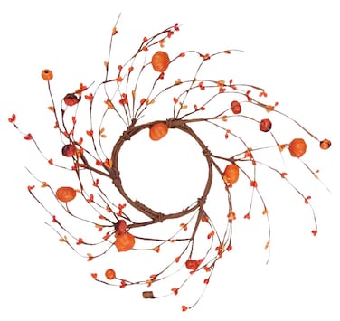 Fall Candle Ring Wreath Table Centerpiece, Large Pillar Candles Holder with Mini Artificial Pumpkins and Twigs, Cute Farmhouse Home Decor, 8 1/2