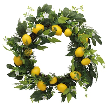 CVHOMEDECO. Primitive Rustic 22 Inch Artificial Faux Lemon Wreath with Green Leaves and Daisy, Spring Summer Autumn Festival Wreath for Front Door and Home Decor.