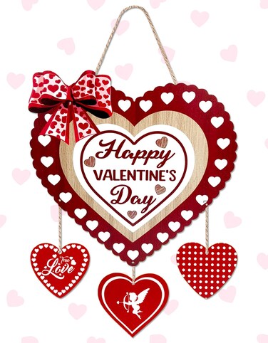 Ahzemepinyo Wooden Heart Decorative Signage Happy Valentine's Day for Door