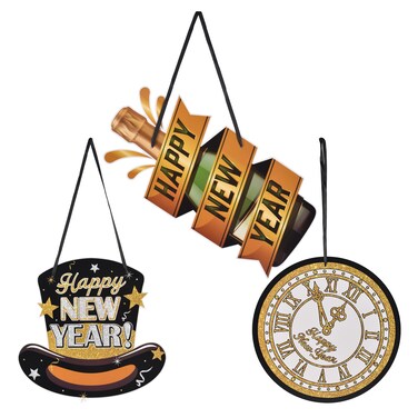 HAIOPS Happy New Year Front Door Hanger 3PCS New Year&rsquo;s Eve Wreath Hanging Sign Indoor Outdoor Wall Hanging Decoration