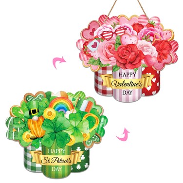 PETCEE Reversible Valentine's Day/St. Patrick&rsquo;s Day Door Sign Decor Double-Sided Valentines Day Door Decorations Shamrock Welcome Wreath Sign for Home Farmhouse St. Patrick&rsquo;s Day Wall Door Hanger