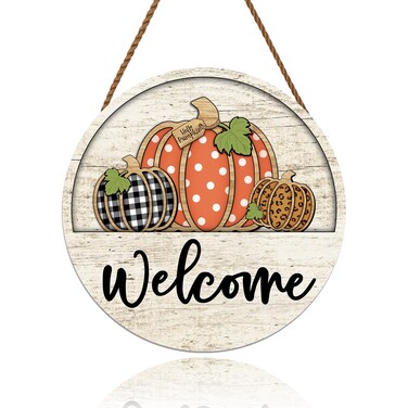Fall Welcome Door Sign Thanksgiving Day Pumpkin Wreath Autumn Seasonal Harvest Halloween Indoor Outdoor Entrance Door Hanger Greeting Party Decorations 12 X 12 Inches