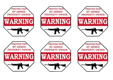 Rogue River Tactical No Trespassing Warning Security Sticker Protected by Armed Property 6 Pack Owner Sign Sticker Decal Window Door Indoor Outdoor 3x3 inch Gun