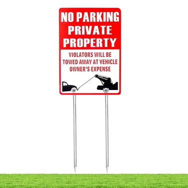 Kichwit No Parking Private Property Sign, Aluminum, Violators Will Be Towed Away At Vehicle Owner's Expense, Sign Measures 13 3/8" x 9 1/2", Metal Stakes Included