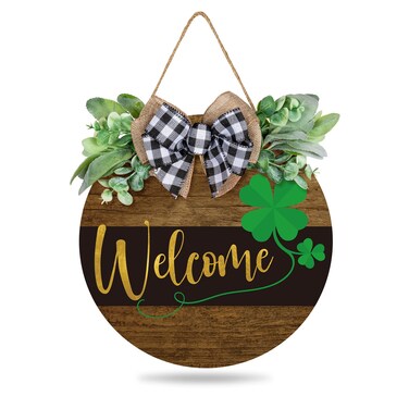 Whaline St. Patrick's Day Welcome Sign Wooden Hanging Sign Farmhouse Rustic Door Decoration St. Patrick's Day Wreath Sign with Bow Ornament for Irish Holiday Home Indoor Outdoor Farmhouse Window