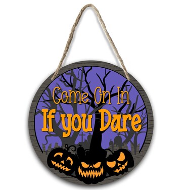 Come On In If You Dare Wood Sign Plaque, Halloween Wood Hanging Wreath Sign for Home Garden Hallway Entryway Porch, Halloween Party Supplies, Front Door Round Wood Sign Wall Decor artwork -05