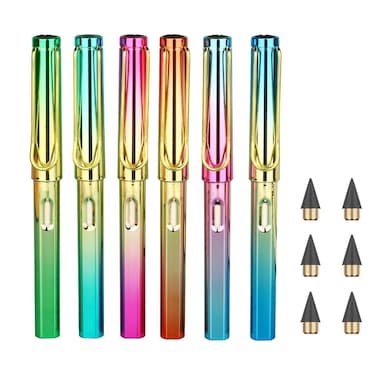 6 Sets Everlasting Pencil with BONUS 6pcs Replacement Nibs, Infinity Inkless Pencil with Erasers, Magic Cute Forever Pencil for Kids Writing, Sketching, Drawing, (6 Pencils + 6 Erasers + 6 Tips)