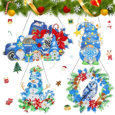 Zhanmai 4 Pcs Winter Diamond Painting Hanging Sign Set 5d Diamond Painting Christmas Gnome Snowman Diamond Art Set for Adults Wreath Kits for Christmas Tree Wall Door Window Decorations