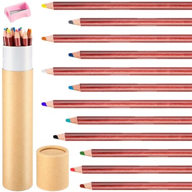 Eersida Assorted Colors Wooden Chalk Pencils with Sharpener and Kraft Paper Container, 12 Pcs