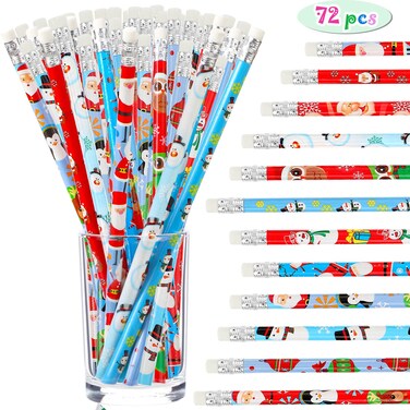 Outus 72 Pieces Christmas Pencils with Eraser Bulk Xmas Elements Wood Pencils Holiday Pencils with Santa Claus, Elk, Sleigh, Bell for Christmas Party Supplies, 12 Styles