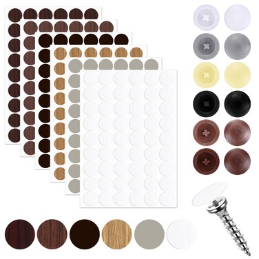 120 Pieces Self Tapping Plastic Screw Cap Covers and 324 Pieces Self Adhesive Screw Hole Stickers, Waterproof Self Adhesive Screw Covers for Wood Screws Wall Cabinets Desk Screws