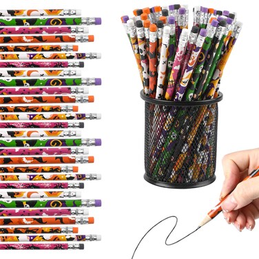 LOMIMOS 120pcs Halloween Pencil Bulk,Colorful Wooden with Eraser 12 Patterns Stationery for Kid Trick or Treat Gift Prize Party Favor School Office Supply Goody Bag Classroom Reward