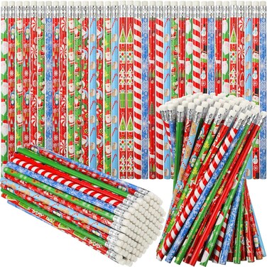360 Pcs Christmas Pencils for Kids with Eraser Xmas Wood Pencils Snowman Santa Claus Christmas Tree Snowflakes Candy Assortment Xmas Stationery Pencil Office School Classroom Party Favors Supplies