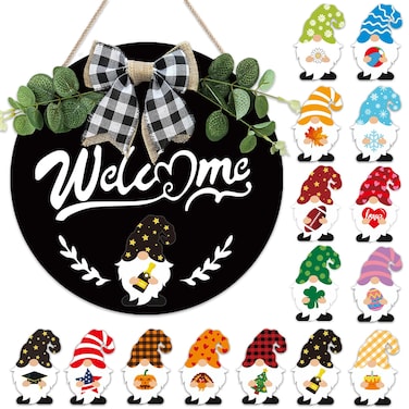 minstely Interchangeable Welcome Sign for Front Door - 12 Inches Seasonal Gnome Decor - Wooden Fall Wreath - Fall Decorations for Home Classroom - House Warming Gifts New Home