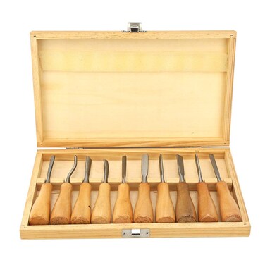 BORDSTRACT 10PCS Wood Carving Chisel Set, Professional Full Size Gouges and Chisels Set with Wooden Storage Case, Woodworking Tools for DIY, Wood Carving Project