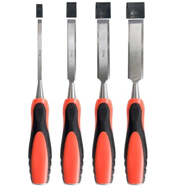 Socpuro 4 Piece Wood Chisel Tool Set, Sturdy CR-V Steel Chisels, 1/4", 1/2", 3/4", 1" Wood Chisels with Hammer End for Woodworking Carving