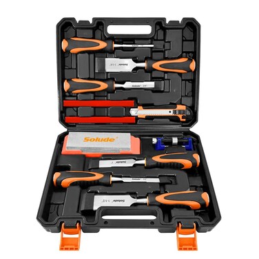 SOLUDE 11Pcs Wood Carving Chisel Set,Heated Treated Cr-V Woodworking Chisels Tool Kit with Sharpening Stone,Honing Guide,Carpenter Pencils
