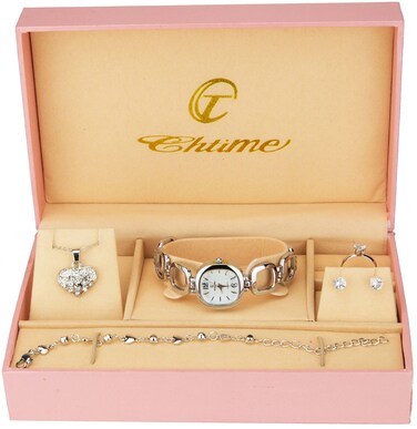 Gift Set Women's Watch Silver- Jewelry Set- Necklace-Ring- Earrings - Band
