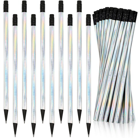 Tinlade 36 Pack Black Wood Cased 2 HB Pencils Soft Cool Pencils Holographic Pencil with Eraser Holographic Barrel for Home Office School Classroom Supplies, 7.36 Inch (Silver)