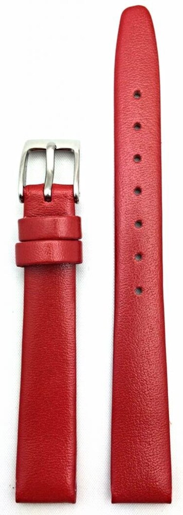 12mm Red Genuine Calfskin Leather Watchband   Elegant, Flat, Smooth Replacement Wrist Watchstrap that brings New Life to Any Watch (Womens Standard Length)
