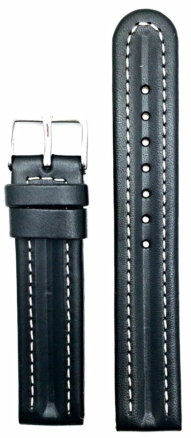 18mm Black Genuine Leather Watchband   Semi-Oily, Twin Padded Replacement Watchstrap with Off White Stitching that brings New Life to Any Watch (Mens Standard Length)