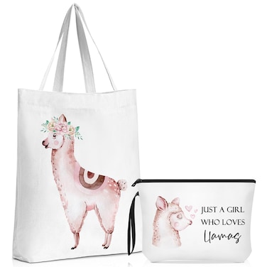 Locmeo 2 Pcs Llama Gifts for Women Cute Animal Lover Gifts Include Llama Canvas Tote Bag and Llama Makeup Bag Just a Girl Who Loves Llamas Gift for Llama Lover Daughter Sister Friends Birthday