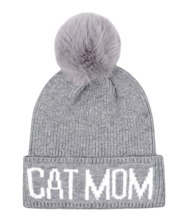 Hatphile Cat Lover Stretchy Cat Mom Faux Fur Pompom Knit Beanie Skully Toque (Grey Hat White Cat Mom Grey Pompom)