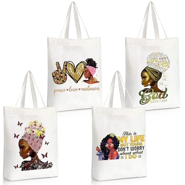 Sieral 4 Pcs African American Shoulder Handbag Black Girl Tote Travel Bag Inspirational Casual Shoulder Bag with Zipper Reusable Canvas Bags for office Gift