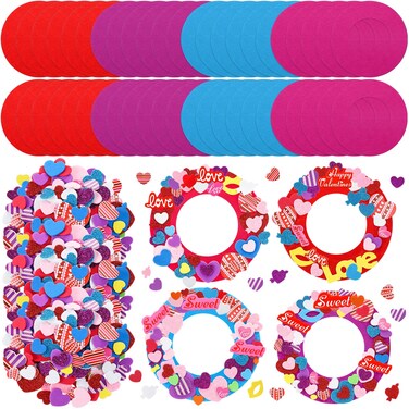 SmoothNovelty 332 Pcs Valentine's Day Wreath Craft for Kids Valentine's Day Art and Craft Supplies with 300 Pcs Hearts Stickers 32 Pcs DIY Felt Ornament Wreath for Party Classroom Home Activities