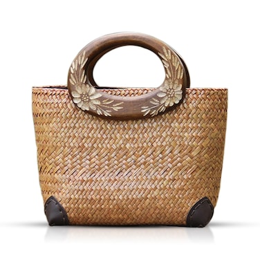 Beach Bag for Women, Straw Bag, Handmade Rattan Bag, Summer Tote Bag Flowers Engraving Wooden Handle, Boho Retro Straw Woven Handbag Suitable for Vacation Travel Daily