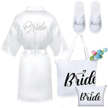Xtinmee Bridal Shower Gifts Bride Robe with Bride Slippers and Bride Canvas Tote Bag Set Satin Robes for Wedding Day Bridal Slippers Shoulder Makeup Bag for Bachelorette Party Gifts