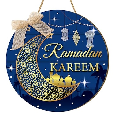 Anglechic Ramadan Door Sign Ramadan Wooden Hanging Decorations, Round Eid Mubarak Wooden Hanging Sign Wreath Moon Decorations, Ramadan Mubarak Muslim Wall Window Decorations, Blue (Ramadan Kareem)
