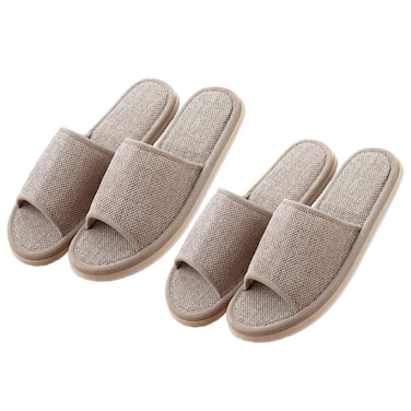ARTIBETTER 2 Pairs Womens Indoor House Slippers Summer Linen Home Shoes Open Toe Slip on Cotton House Slippers Hotel Slippers Beige 29cm