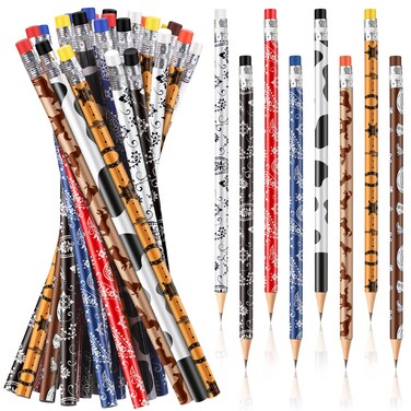 Teling 32 Pcs Western Cowboy Cowgirl Pencils for Kids Fun Cowboy Horse Theme Decorative Wood Pencils with Eraser for Horse Racing Party Favors Students Teacher Student Reward, 8 Styles