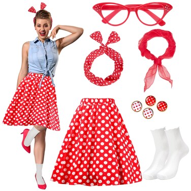 Ibeauti 50s Costumes for Women Girls 1950s Poodle Skirt Outfits Set with Cat Eye Glasses Chiffon Scarf Bandana Tie Headband Earrings Socks (Medium, Red)