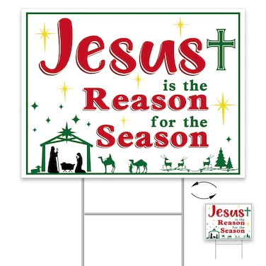 Uflashmi Jesus is The Reason for The Season Yard Sign with H Stake, Jesus Christmas Decorations for Outdoor, Double-sided, 16"x12