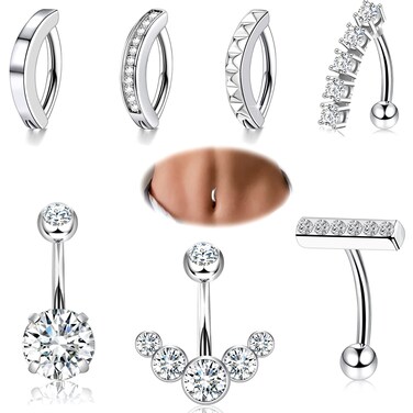 ONESING 7 Pcs 14G Belly Button Rings Belly Rings for Women Stainless Steel Belly Button Piercing with Gift Box Reverse Curved Clicker Navel Rings Cubic Zirconia Silver Belly Piercing Jewelry