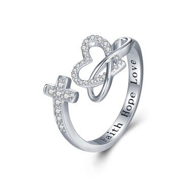CVRAVO Faith Hope Love Cross Rings 925 Sterling Silver Faith Infinite Heart Adjustable Rings for Women Inspirational Jewelry Gifts for Women
