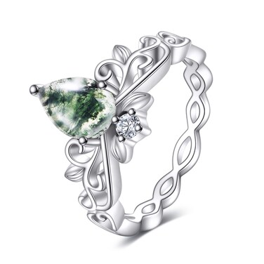 YAFEINI Moss Agate Ring Sterling Silver Green Agate Rings Size 7 Engagement Promise Prom Stackable Band Jewelry Gifts for Women