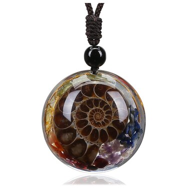 PESOENTH 7 Chakra Healing Crystal Necklace Ammonite Fossil Necklace Natural Round Gemstone Spiral Protection Amulet Stone Necklace Spiritual Crystal jewelry Gifts for Women Men