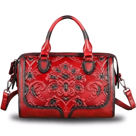 Genuine Leather Top Handle Handbag for Women Handmade Vintage Satchel Retro Cowhide Crossbody Handbags Purse Hobo Bag (Red)