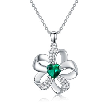 Gnteey Lab Grown Emerald Necklace 925 Sterling Silver Flower Pendant Necklace 6.5 * 6.5mm Heart Shape Emerald Pendant Necklace for Women