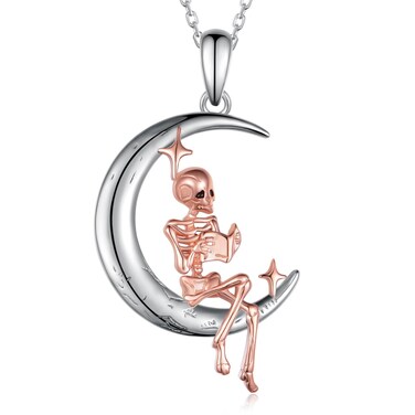 Daixiya Skeleton Necklace 925 Sterling Silver Skeleton Moon Pendant Necklace Skull Gothic Jewelry Gifts for Women